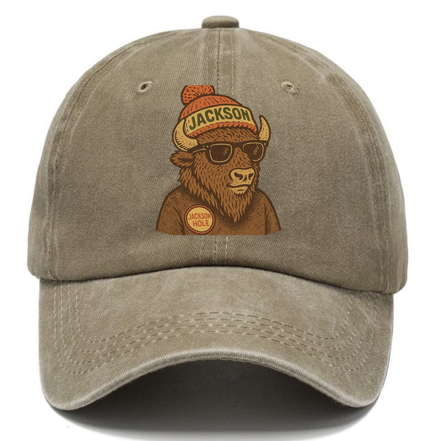 Jackson Hole Bison wearing Jackson beanie with pom pom and wayfarer sunglasses - Classic Cap - Warm Sand(Khaki)
