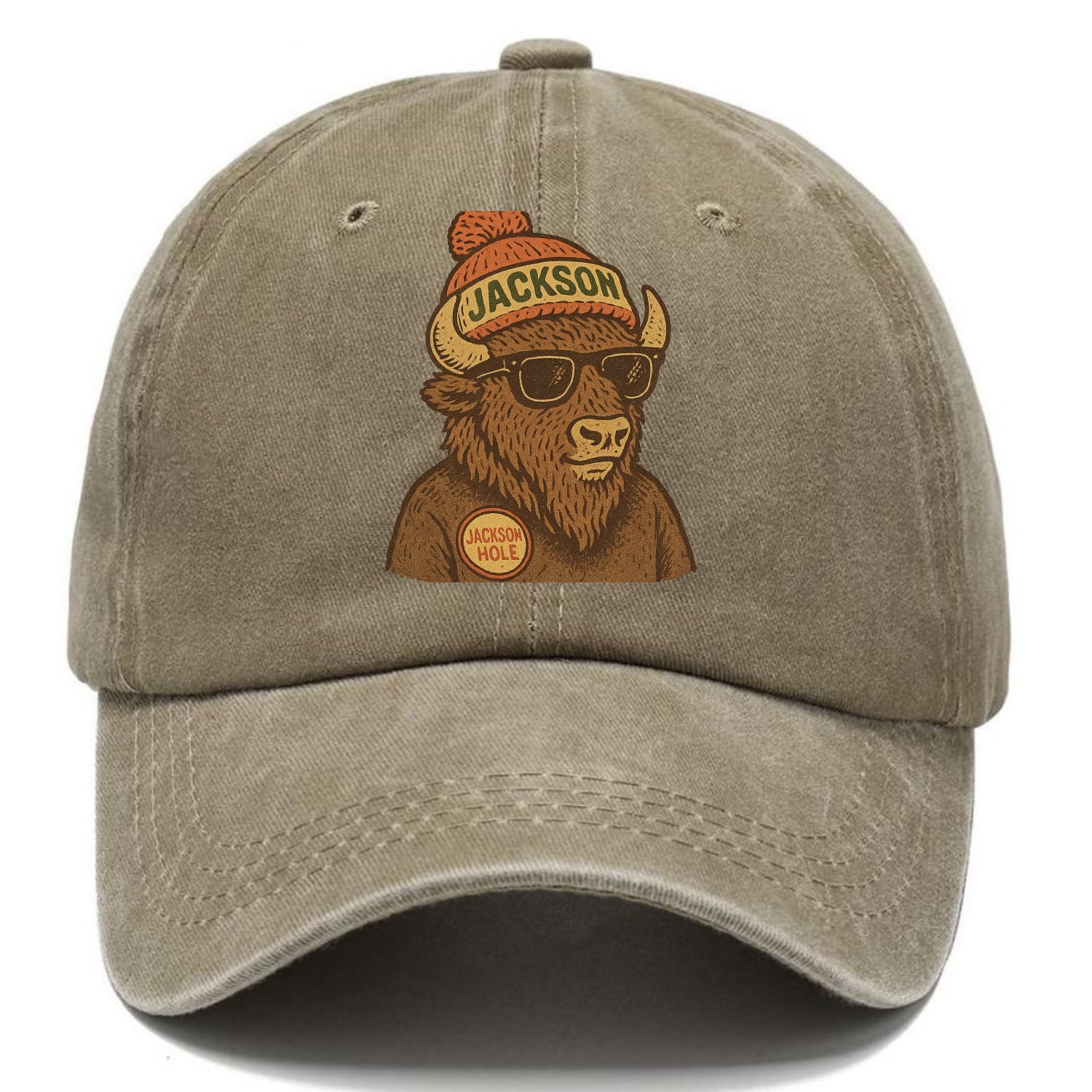 Jackson Hole Bison wearing Jackson beanie with pom pom and wayfarer sunglasses - Classic Cap - Warm Sand(Khaki)