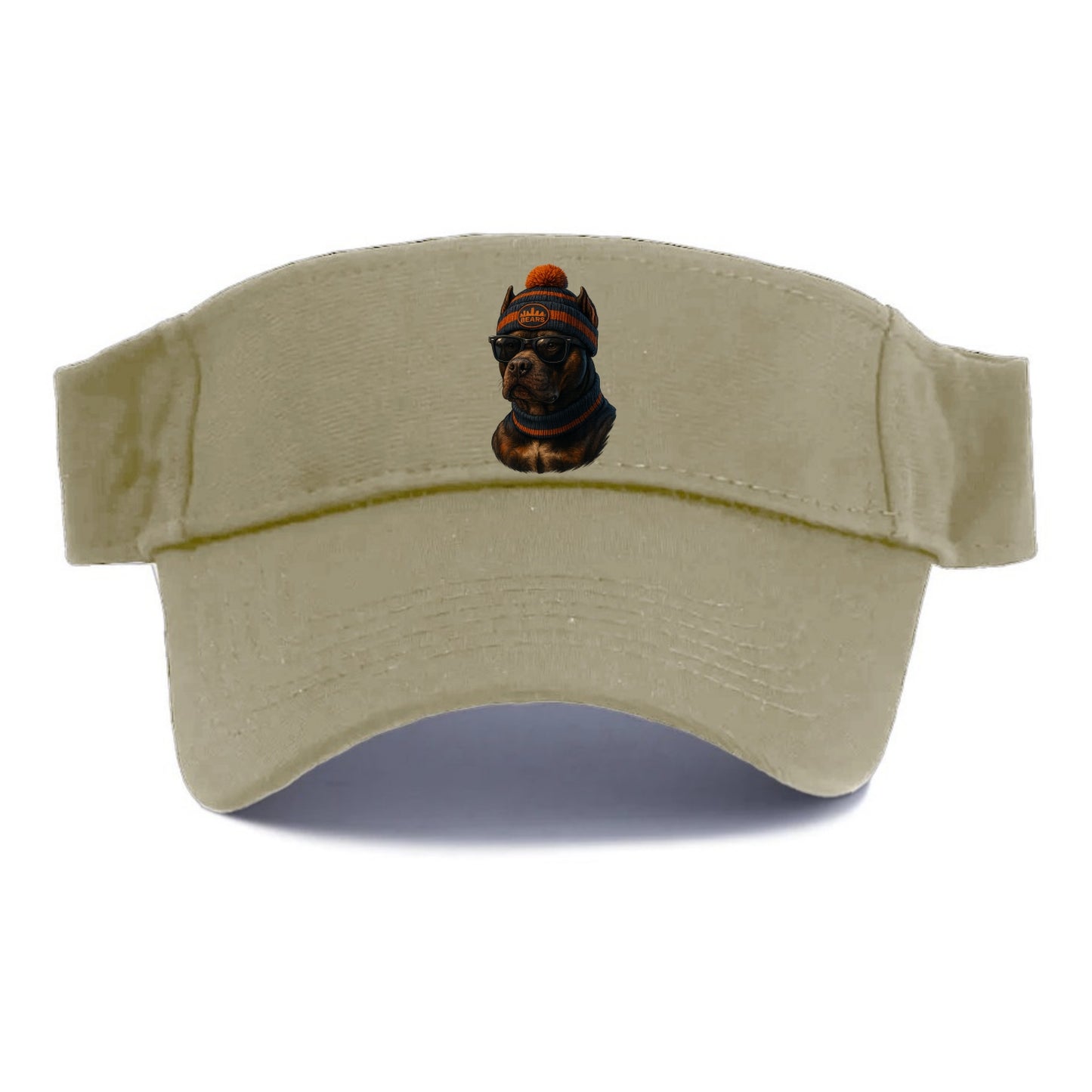 Chicago Pitbull wearing Bears beanie with skyline patch and wayfarer sunglasses - Visor - Warm Sand(Khaki)