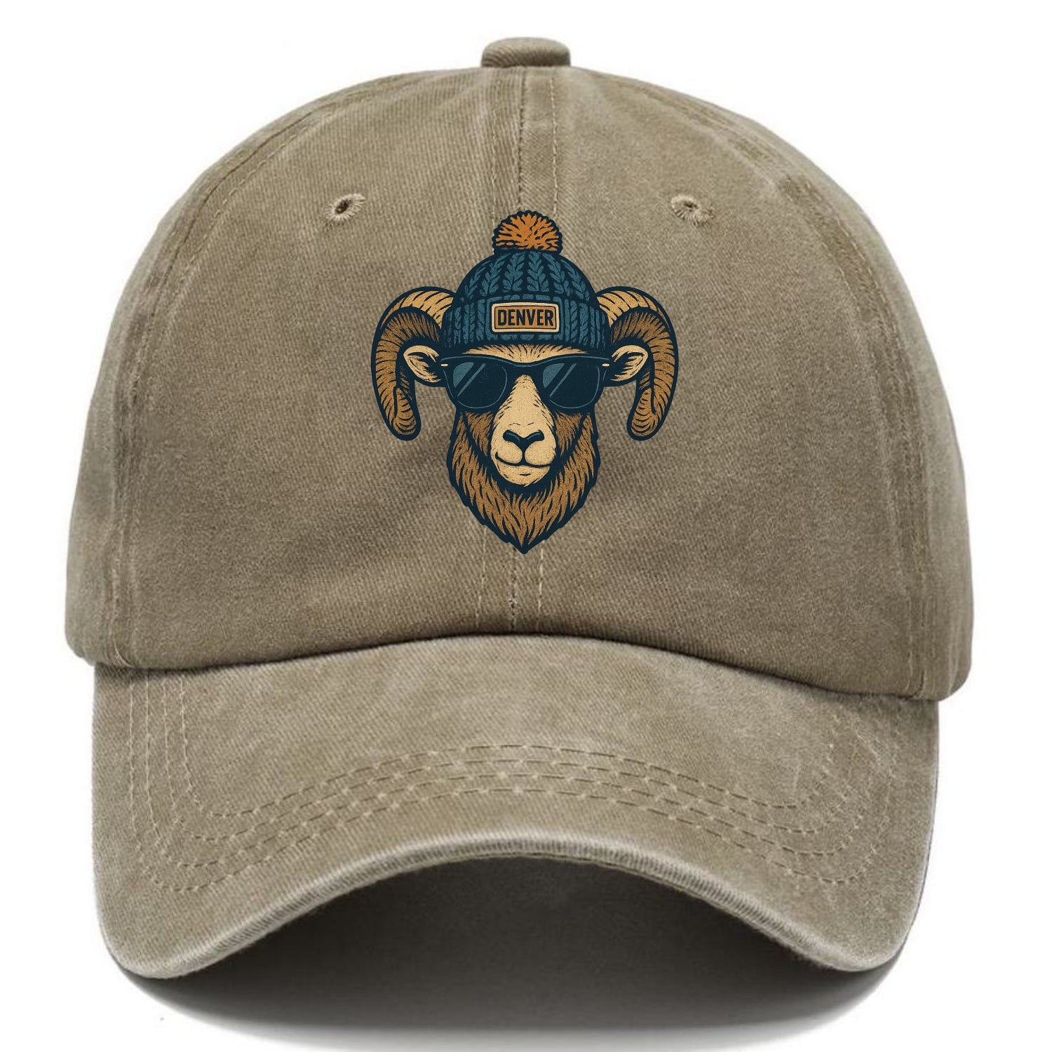 Colorado Rocky Mountain Bighorn Sheep wearing Denver beanie with pom pom and wayfarer - Classic Cap - Warm Sand(Khaki)
