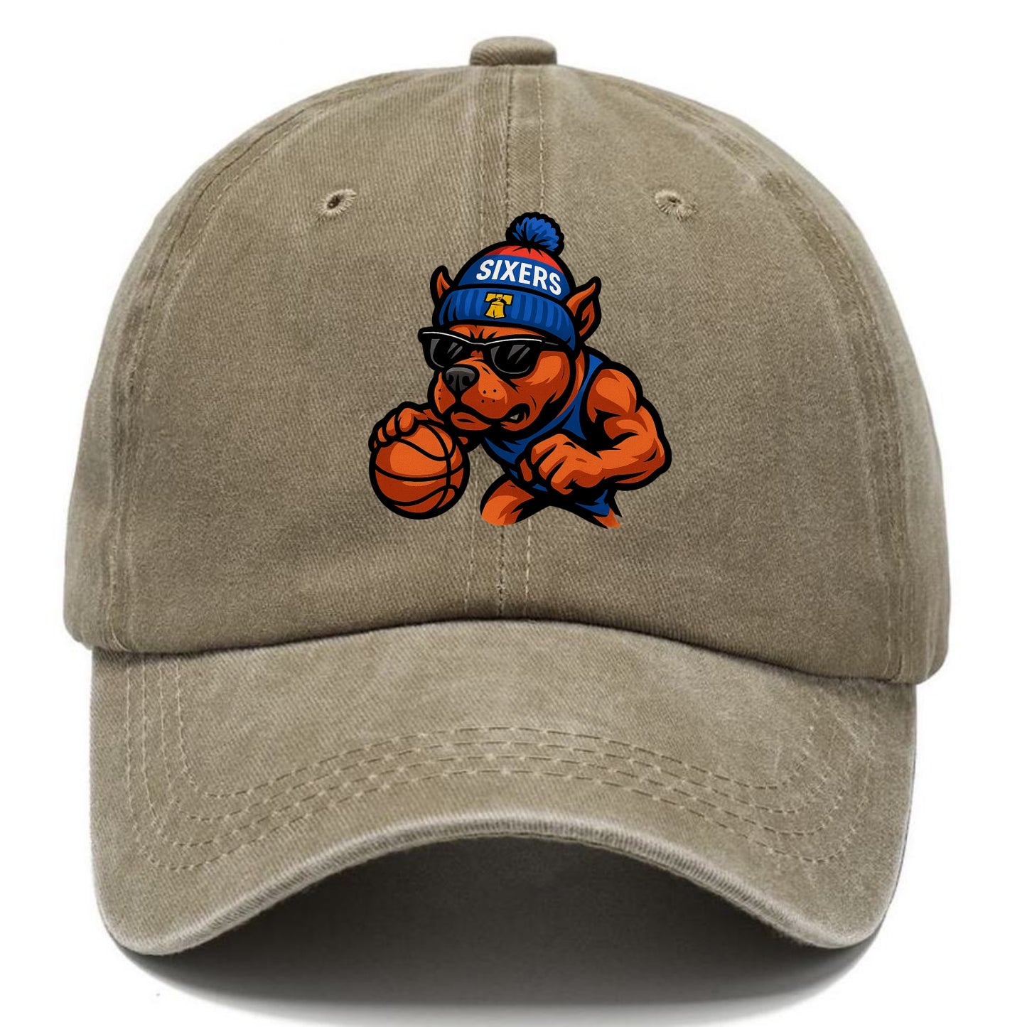 Philly Pitbull wearing Sixers beanie with Liberty Bell and wayfarer sunglasses - Classic Cap - Warm Sand(Khaki)