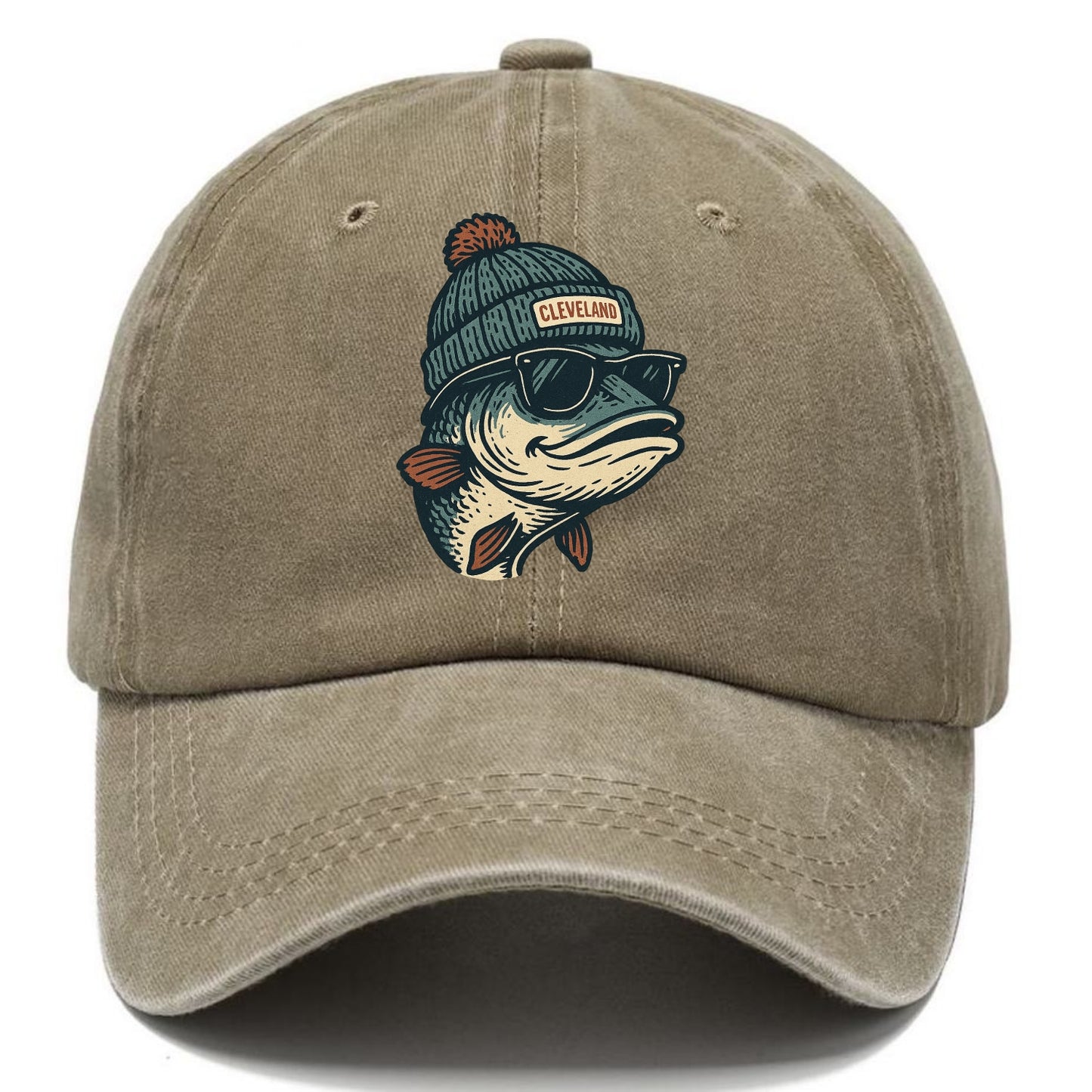 Cleveland Lake Erie Walleye wearing Cleveland beanie with pom pom and wayfarer - Classic Cap - Warm Sand(Khaki)