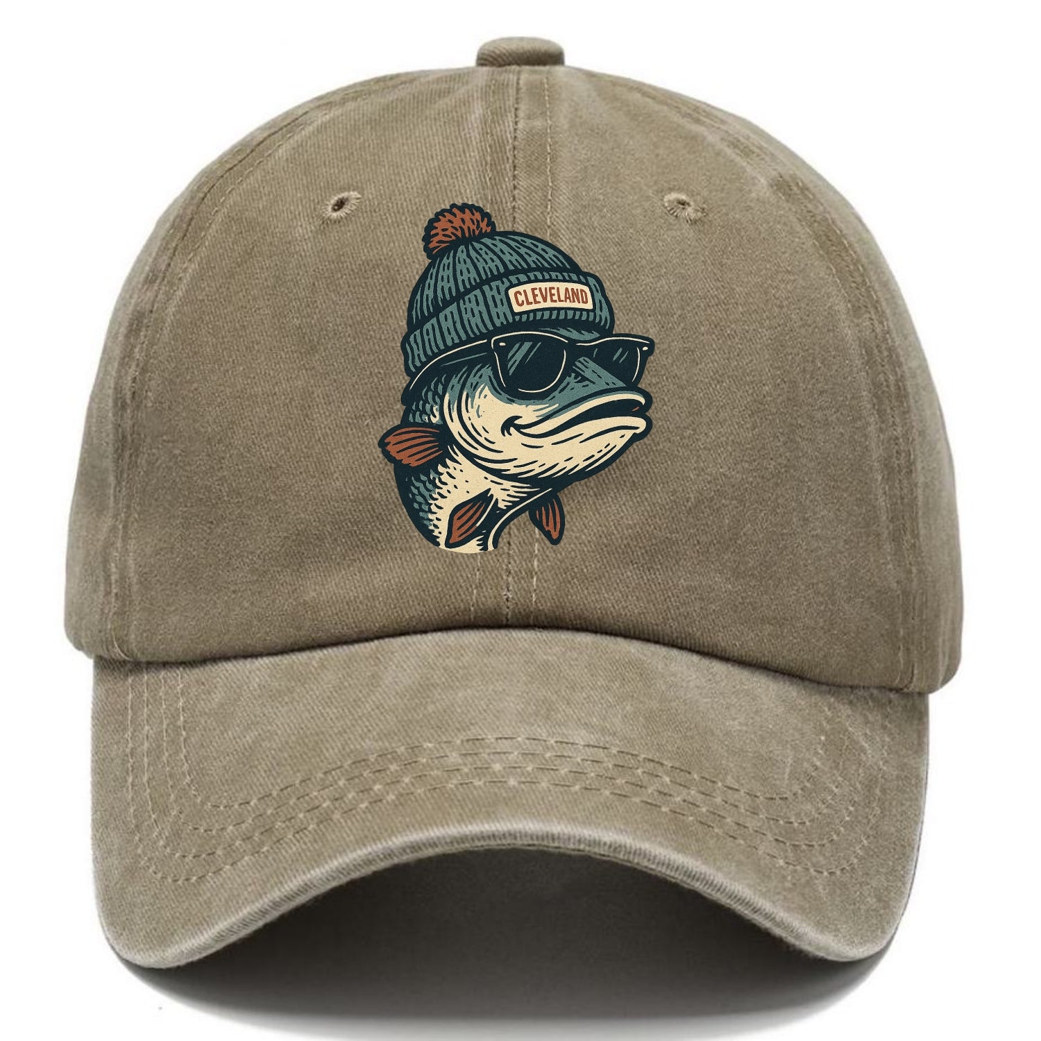 Cleveland Lake Erie Walleye wearing Cleveland beanie with pom pom and wayfarer - Classic Cap - Warm Sand(Khaki)