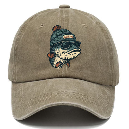 Cleveland Lake Erie Walleye wearing Cleveland beanie with pom pom and wayfarer - Classic Cap - Warm Sand(Khaki)