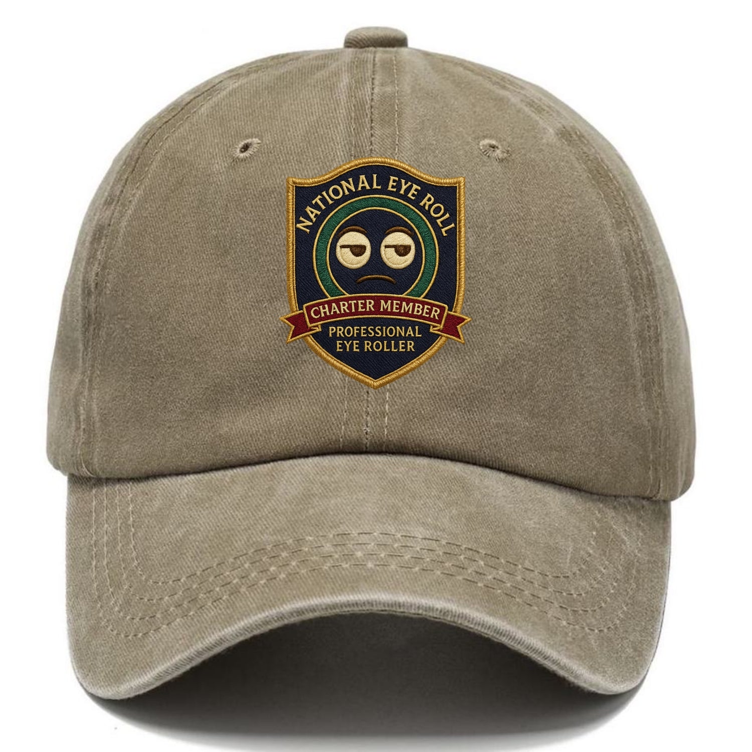 Crest with eye roll icon - "National Eye Roll Association - Charter Member" - - Classic Cap - Warm Sand(Khaki)