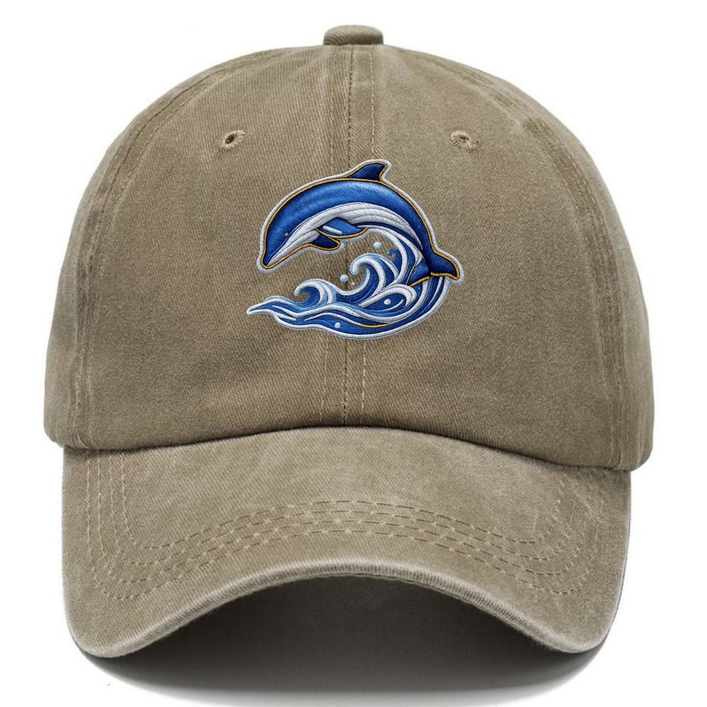 Embroidered patch design - SWIMMING DOLPHIN - diving dolphin with waves in blue and - Classic Cap - Warm Sand(Khaki)