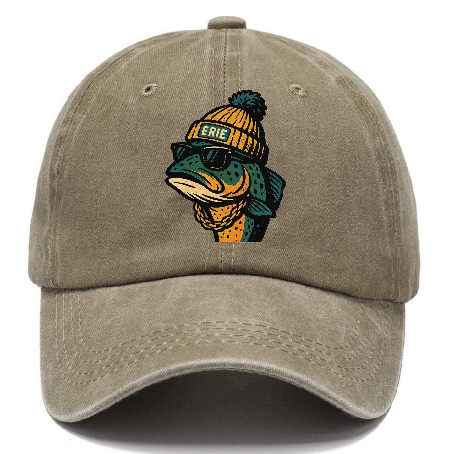 Erie Lake Trout wearing Erie beanie with pom pom and wayfarer sunglasses - Classic Cap - Warm Sand(Khaki)