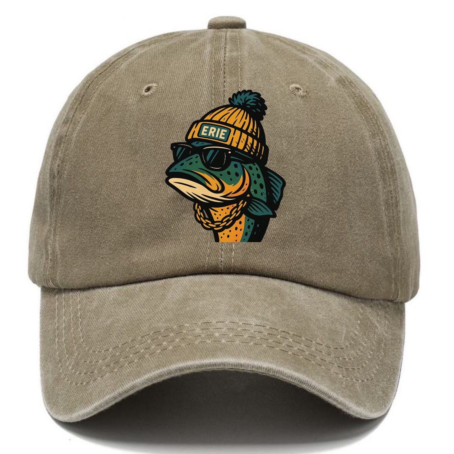Erie Lake Trout wearing Erie beanie with pom pom and wayfarer sunglasses - Classic Cap - Warm Sand(Khaki)