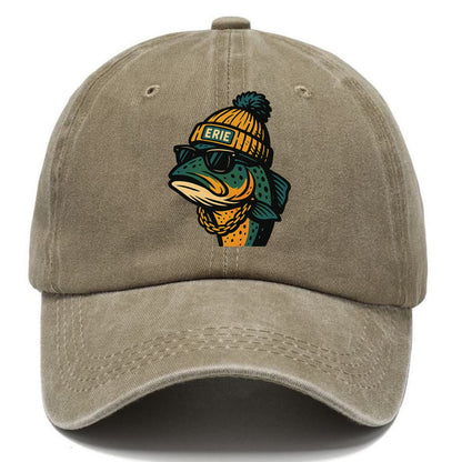 Erie Lake Trout wearing Erie beanie with pom pom and wayfarer sunglasses - Classic Cap - Warm Sand(Khaki)