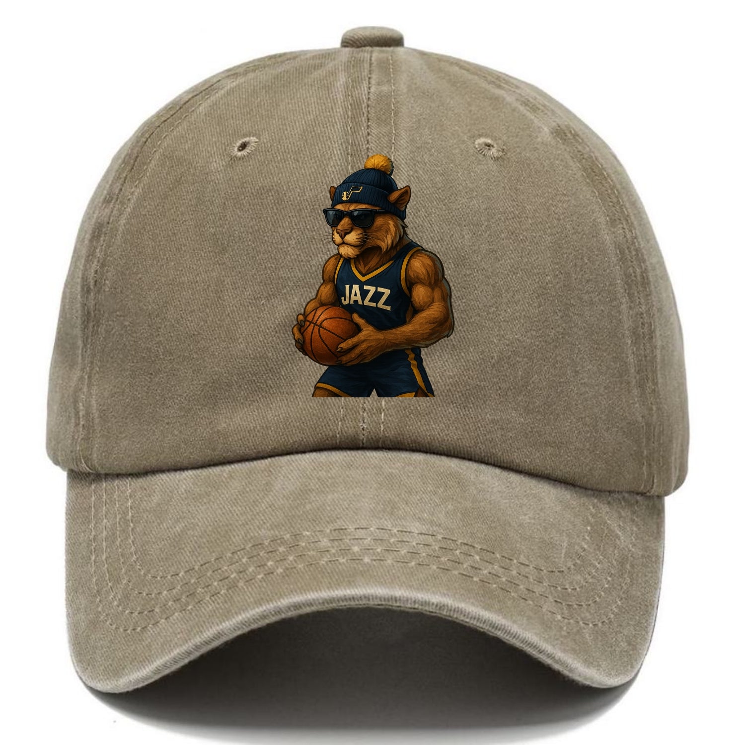 Utah Mountain Lion wearing Jazz navy and yellow beanie with music note and wayfarer - Classic Cap - Warm Sand(Khaki)