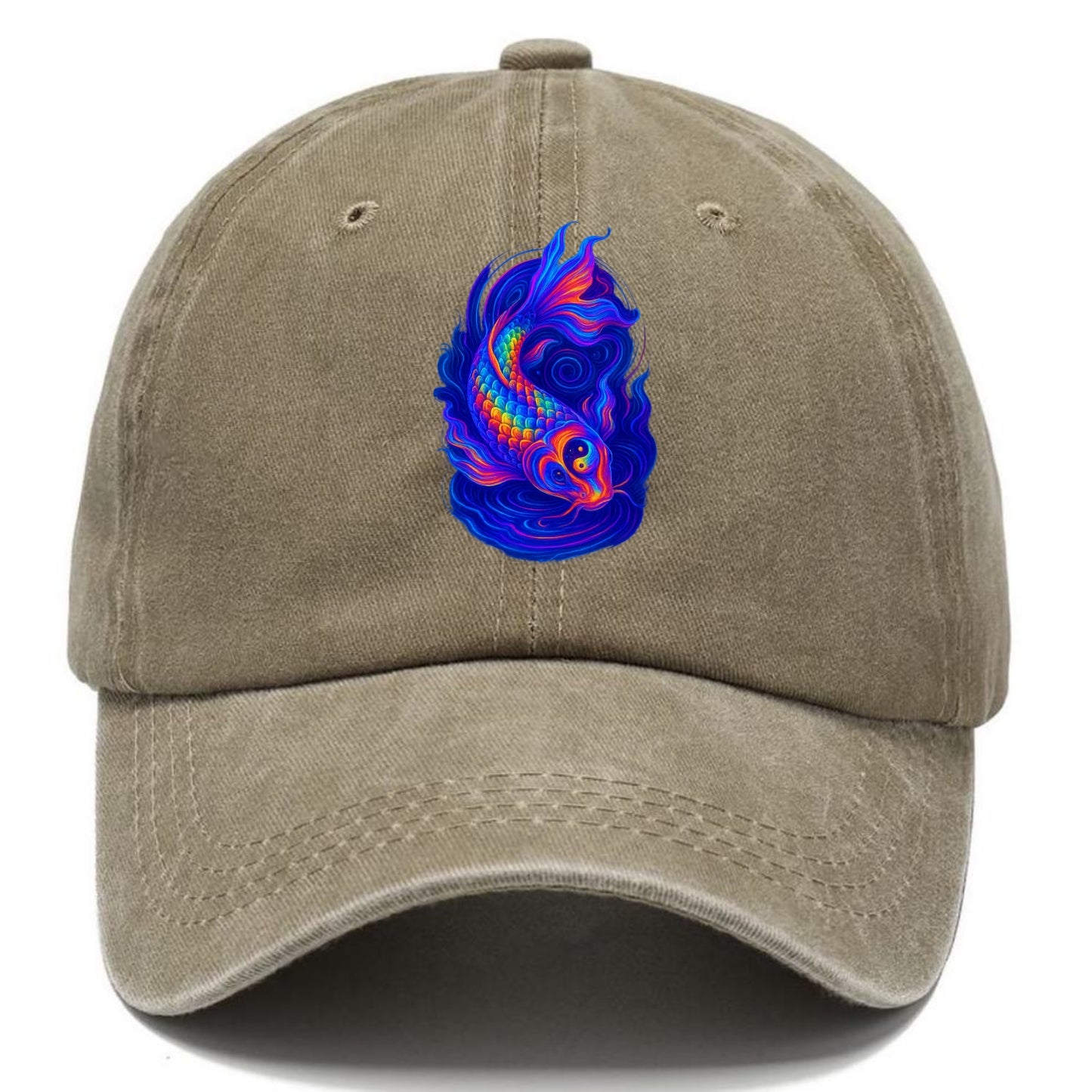 Sacred koi with scales reflecting rainbow prisms, yin-yang patterns in cosmic colors, - Classic Cap - Warm Sand(Khaki)