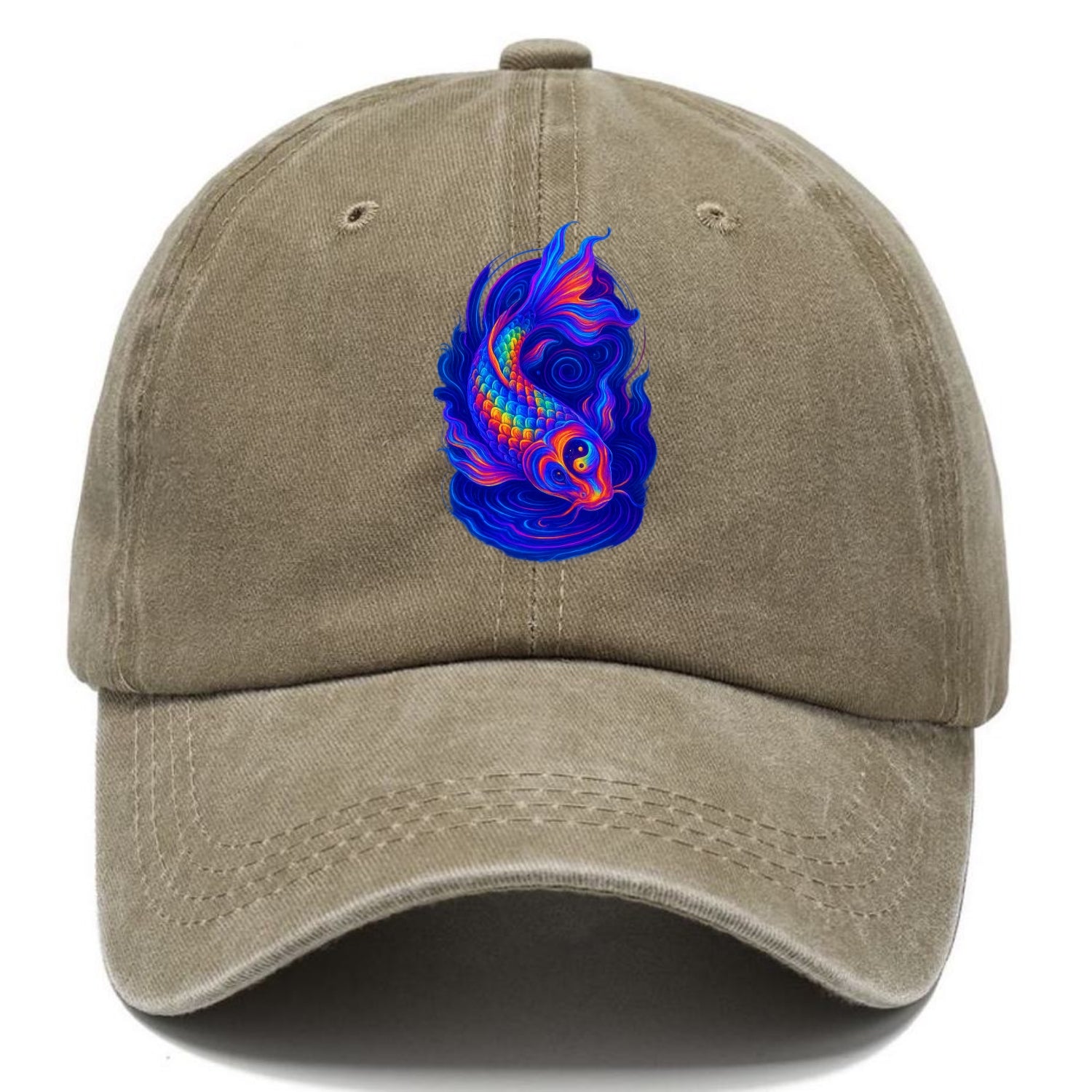 Sacred koi with scales reflecting rainbow prisms, yin-yang patterns in cosmic colors, - Classic Cap - Warm Sand(Khaki)