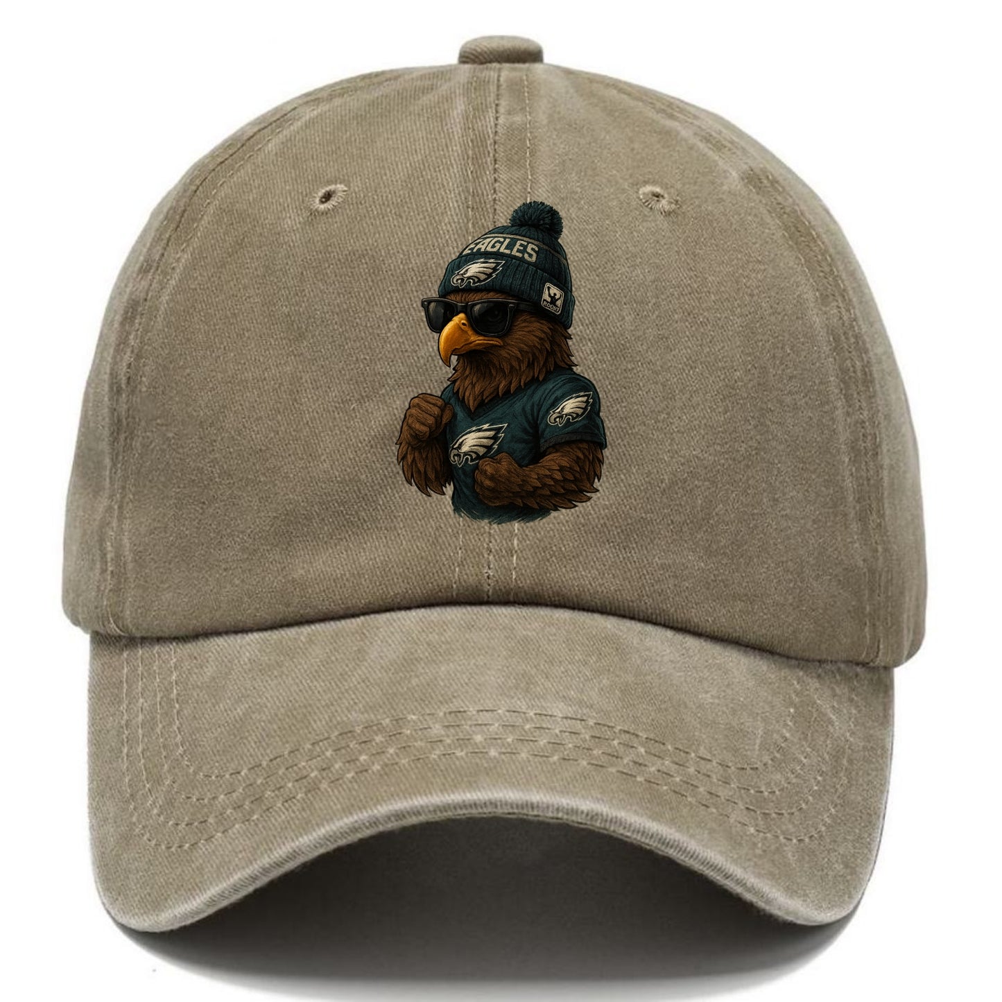 Philly Hawk wearing Eagles beanie with Rocky patch and wayfarer sunglasses - Classic Cap - Warm Sand(Khaki)