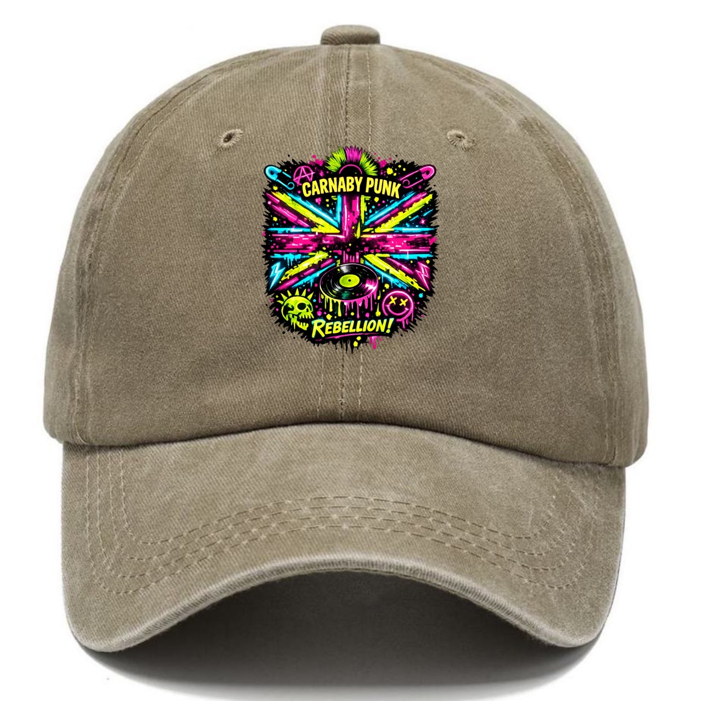 CARNABY PUNK | Swinging 60s meets 70s punk | Psychedelic Union Jack pattern | Bold - Classic Cap - Warm Sand(Khaki)