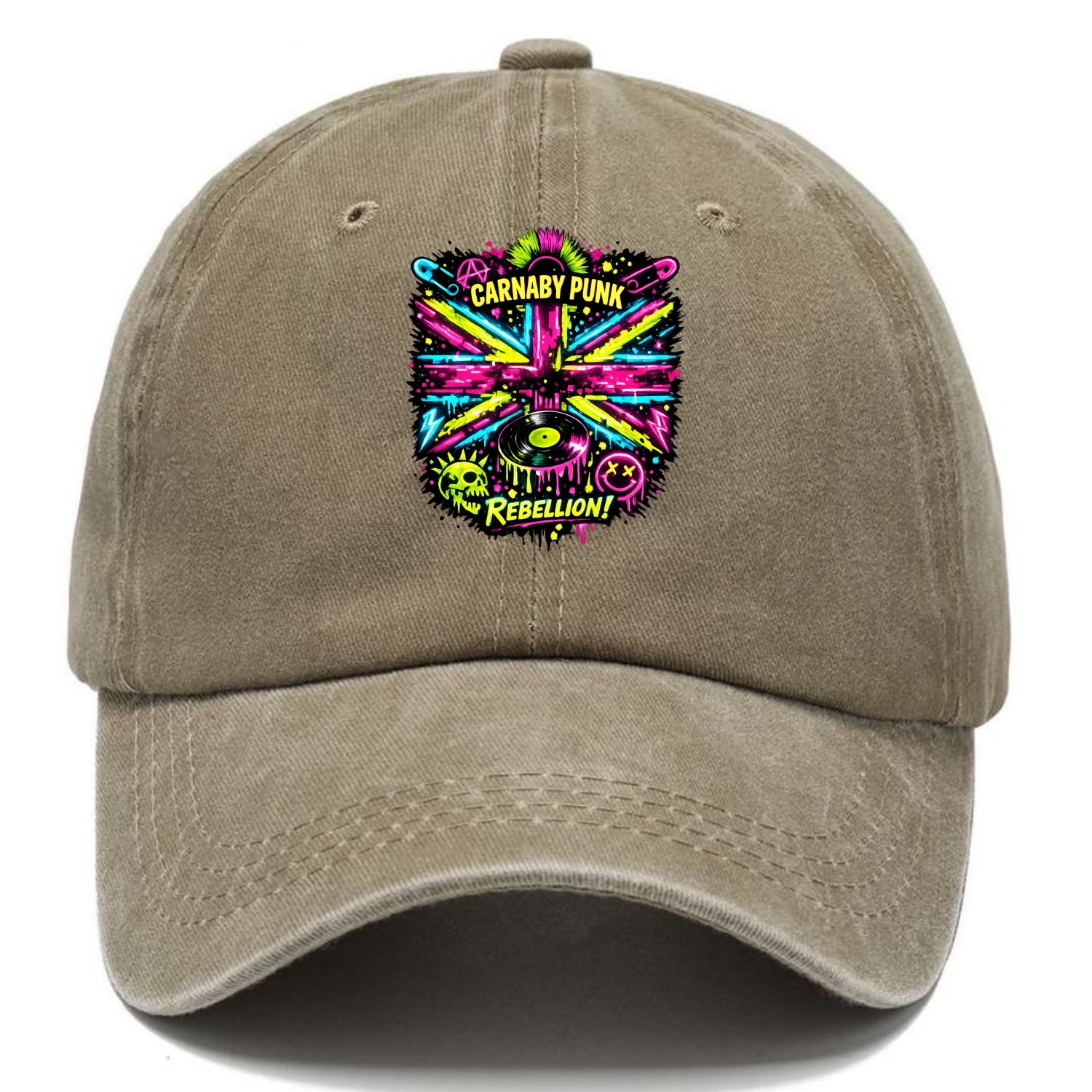 CARNABY PUNK | Swinging 60s meets 70s punk | Psychedelic Union Jack pattern | Bold - Classic Cap - Warm Sand(Khaki)