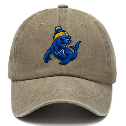 Bay Area Sea Lion wearing Warriors blue and gold beanie with Golden Gate and wayfarer - Classic Cap - Warm Sand(Khaki)