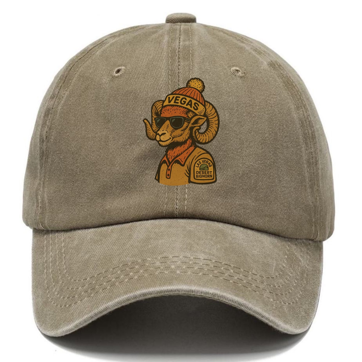 Las Vegas Desert Bighorn wearing Vegas beanie with pom pom and wayfarer sunglasses - Classic Cap - Warm Sand(Khaki)