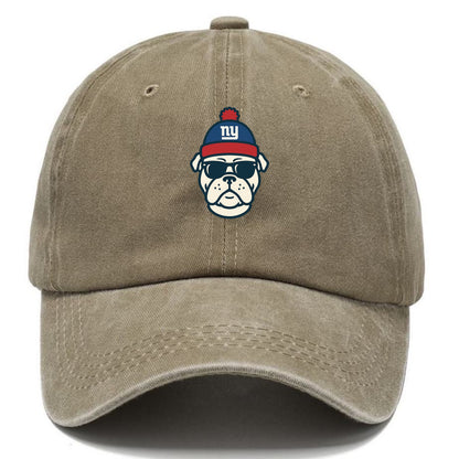 New York Bulldog wearing Giants blue and red beanie with pom pom and wayfarer - Classic Cap - Warm Sand(Khaki)