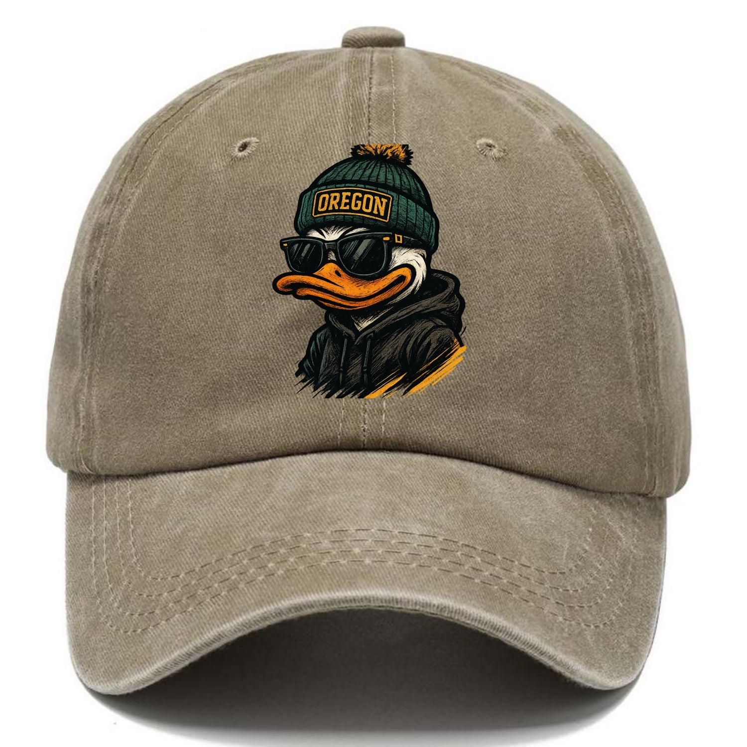 Eugene Duck wearing Oregon beanie with O patch - Classic Cap - Warm Sand(Khaki)