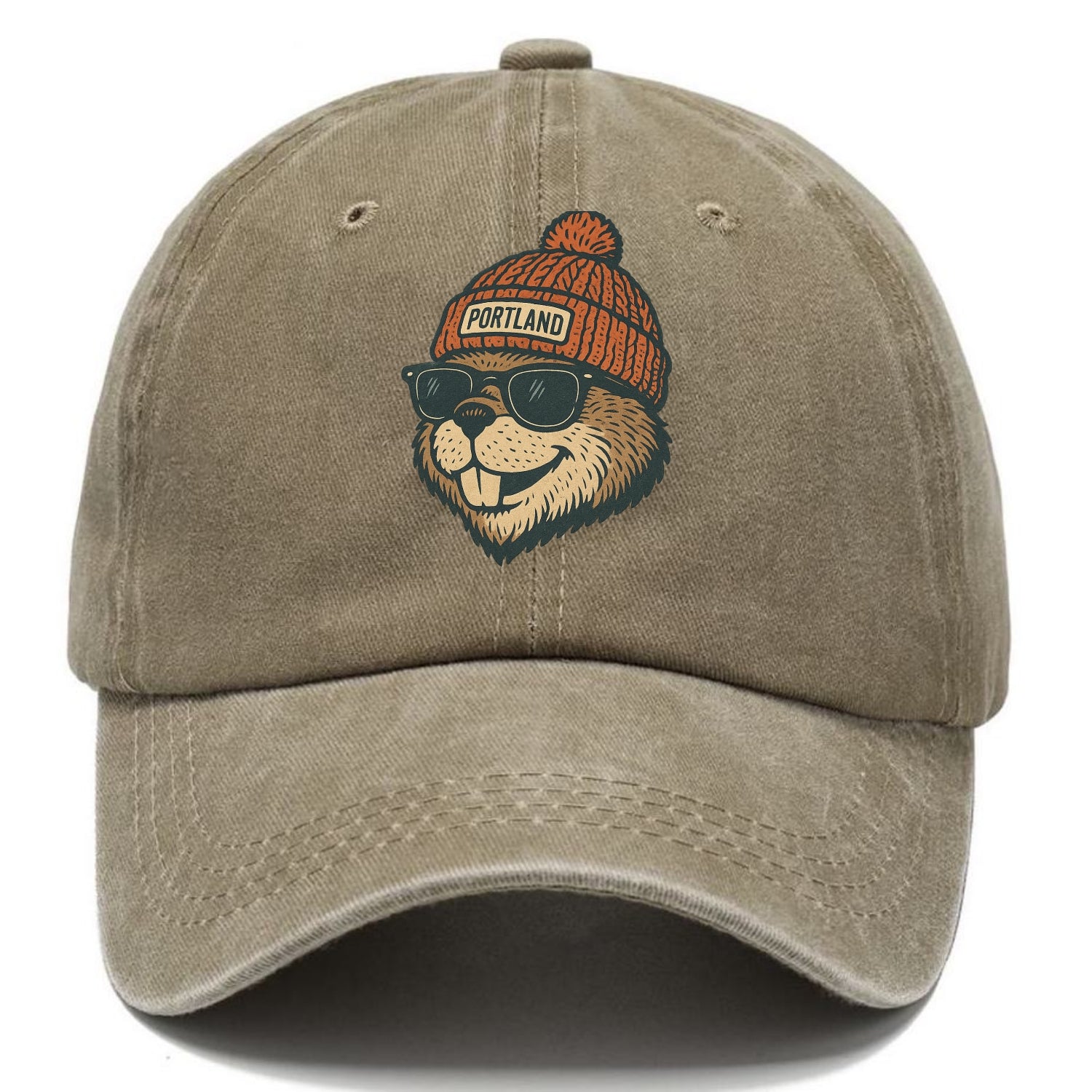 Oregon Beaver wearing Portland beanie with pom pom and wayfarer sunglasses - Classic Cap - Warm Sand(Khaki)
