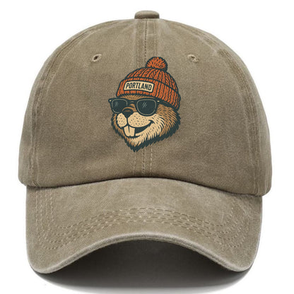 Oregon Beaver wearing Portland beanie with pom pom and wayfarer sunglasses - Classic Cap - Warm Sand(Khaki)