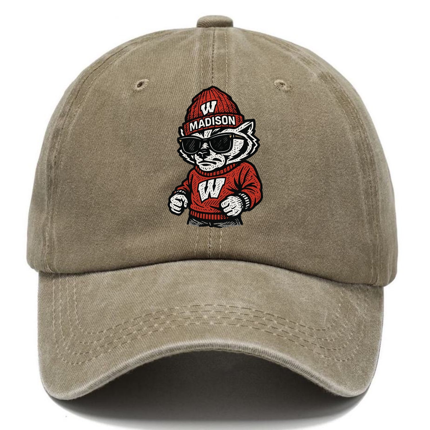 Madison Badger wearing Wisconsin beanie with motion W patch - Classic Cap - Warm Sand(Khaki)