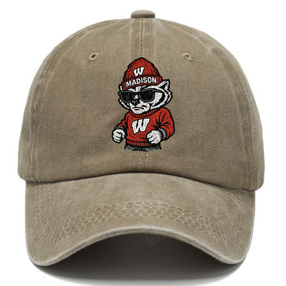 Madison Badger wearing Wisconsin beanie with motion W patch - Classic Cap - Warm Sand(Khaki)