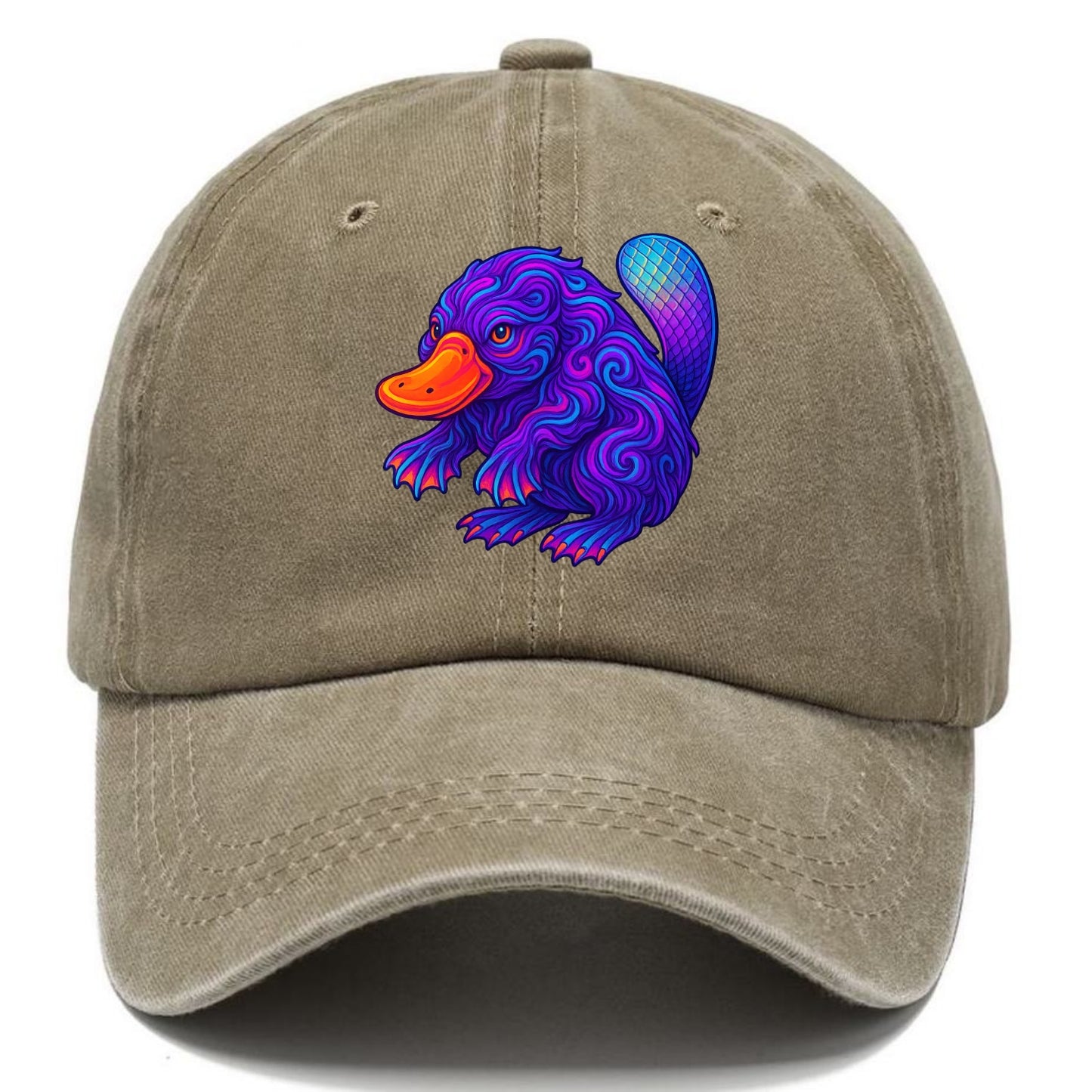 Quirky platypus with bill glowing in neon orange, beaver tail with holographic - Classic Cap - Warm Sand(Khaki)