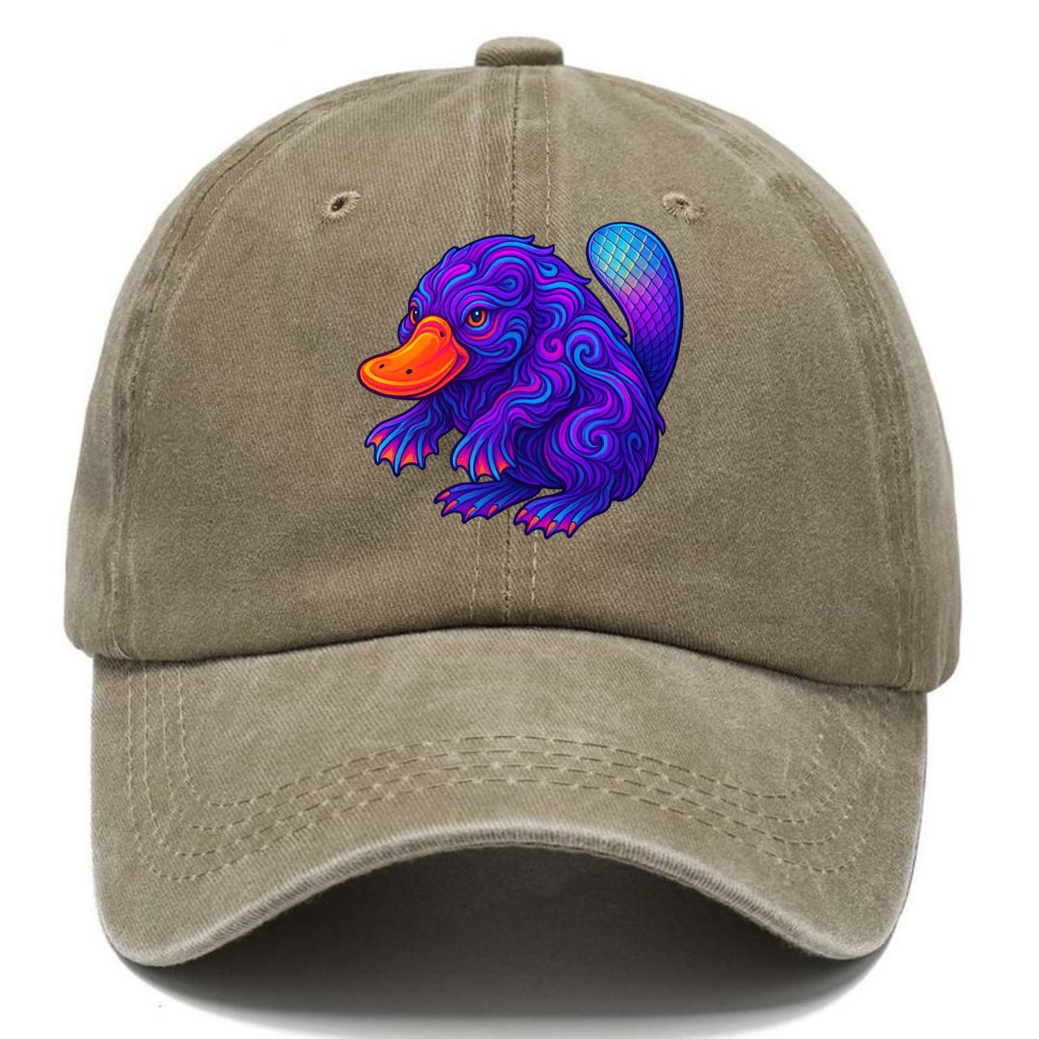 Quirky platypus with bill glowing in neon orange, beaver tail with holographic - Classic Cap - Warm Sand(Khaki)