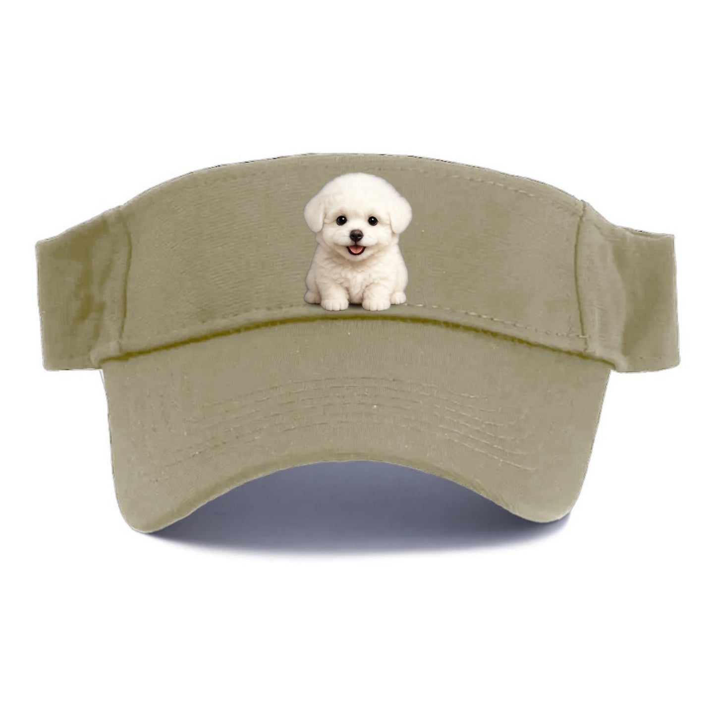 Baby Bichon Frise Puppy - white puffy cloud, dark eyes, happy expression, front-facing, - Visor - Warm Sand(Khaki)