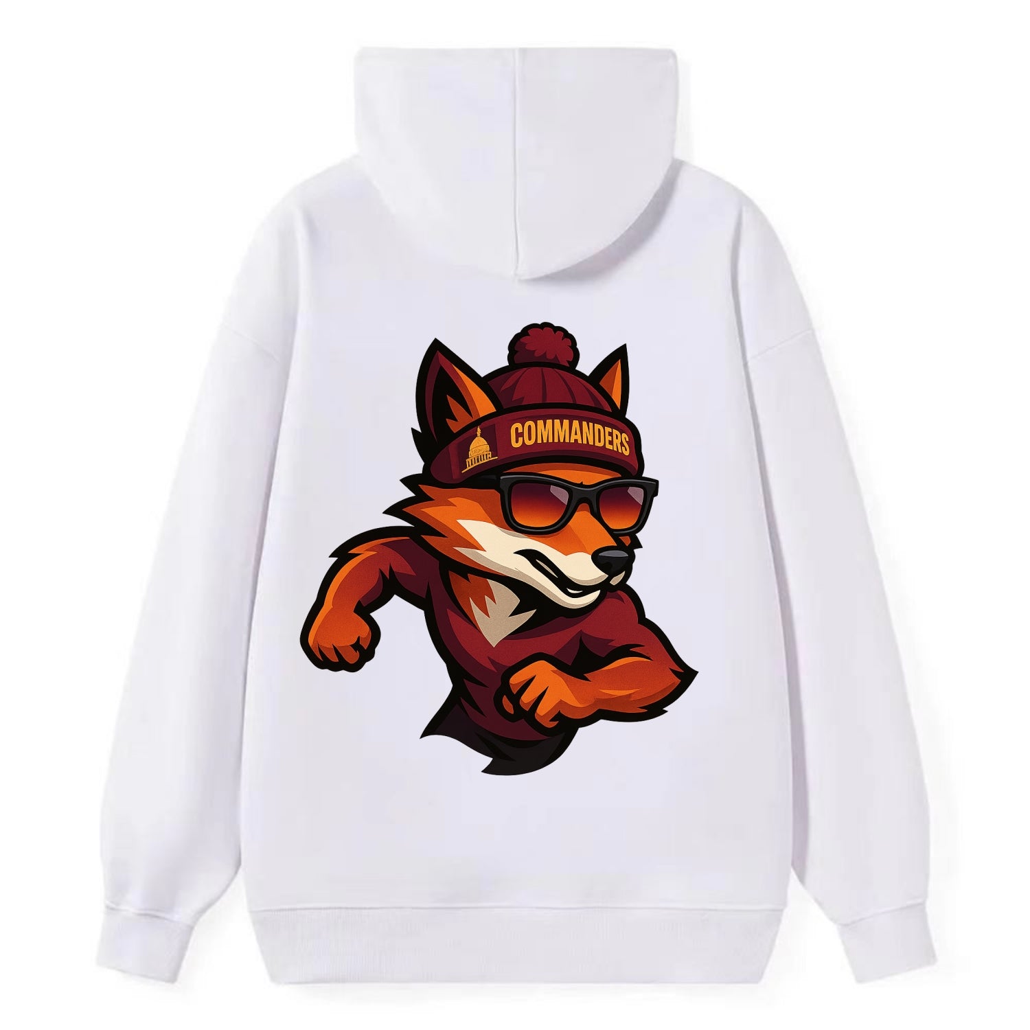 Washington Fox wearing Commanders beanie with Capitol patch and wayfarer - Classic Pullover Hoodie - White