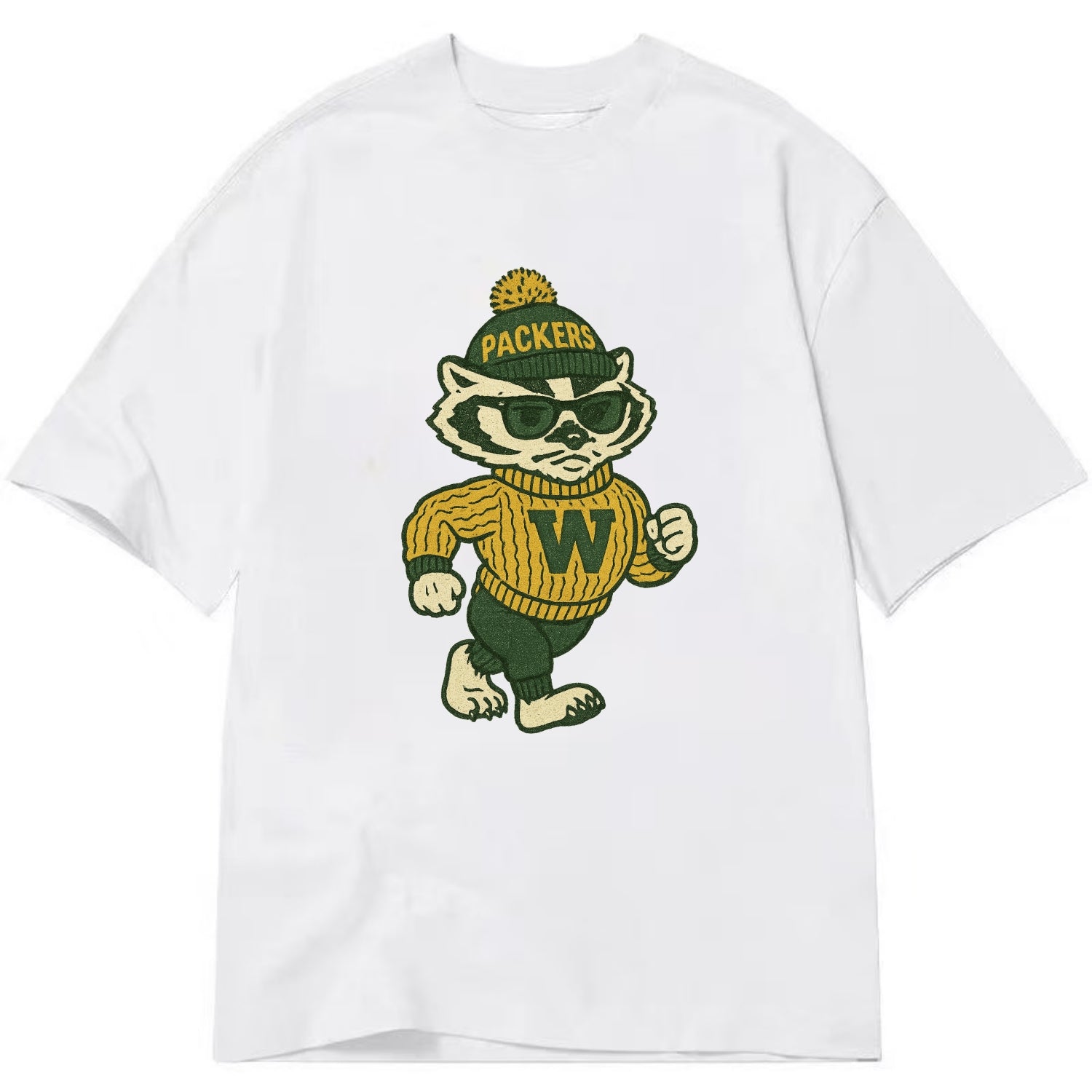 Wisconsin Badger wearing Packers green and gold beanie with pom pom and wayfarer - Classic T-shirt - White