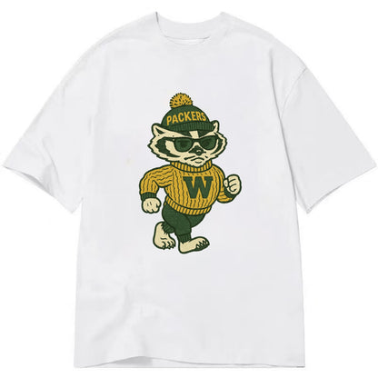Wisconsin Badger wearing Packers green and gold beanie with pom pom and wayfarer - Classic T-shirt - White