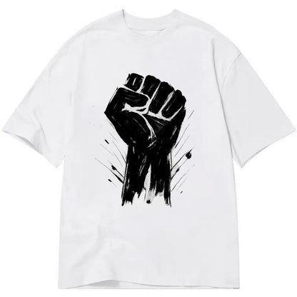 Raised fist in bold black ink brushstrokes - symbol of solidarity and resistance - Classic T-shirt - White