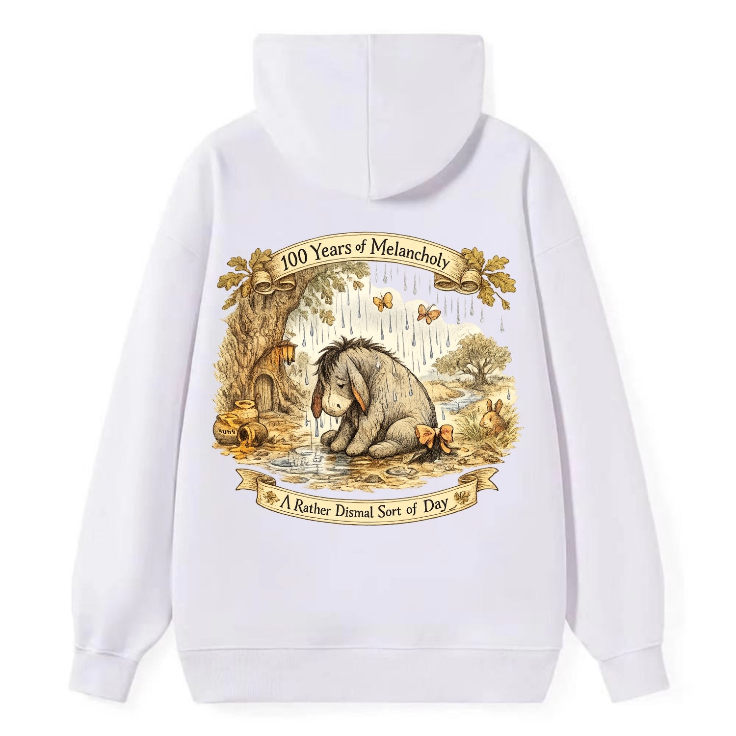 GLOOMY GLEN | Droopy figure in rain | Tattered tail bow | Pessimistic - Classic Pullover Hoodie - White