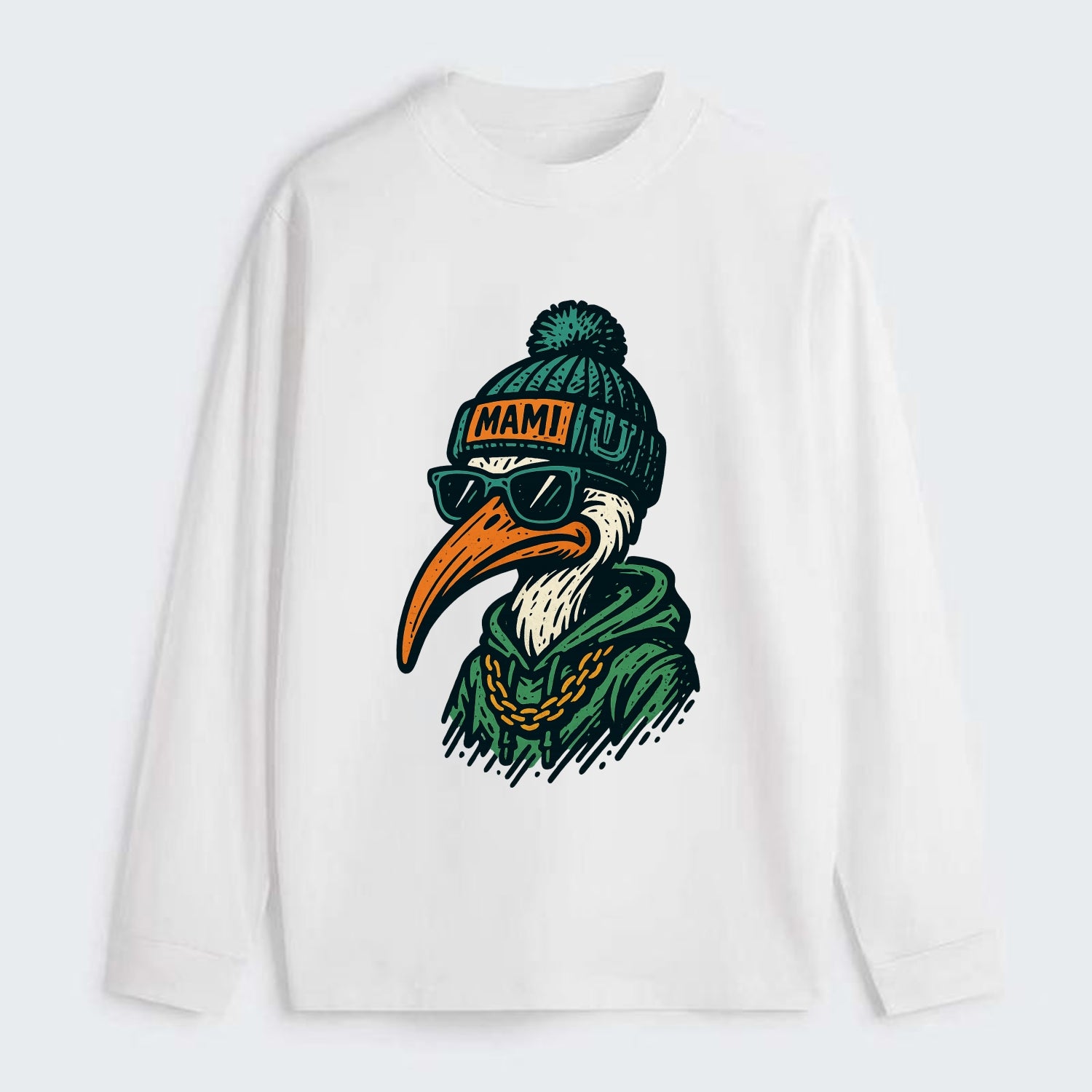 Coral Gables Ibis wearing Miami beanie with U patch - Classic Long Sleeve Shirt - White