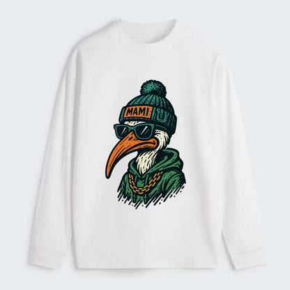 Coral Gables Ibis wearing Miami beanie with U patch - Classic Long Sleeve Shirt - White