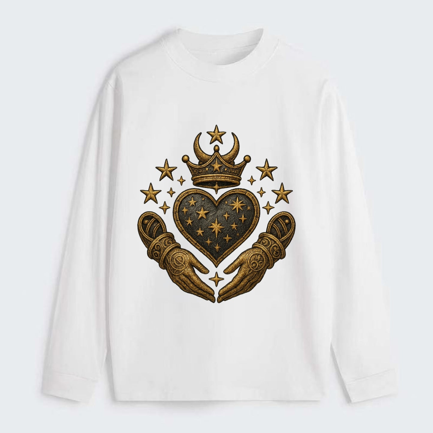 Weathered antique brass crown above a hammered gunmetal heart framed by - Classic Long Sleeve Shirt - White