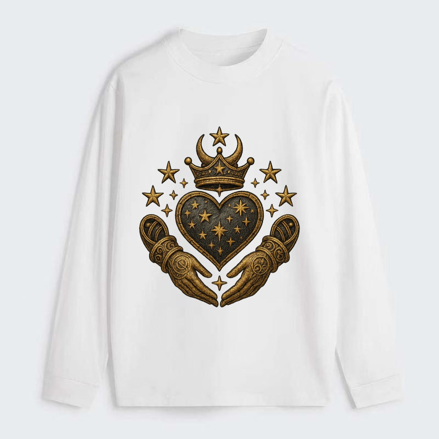 Weathered antique brass crown above a hammered gunmetal heart framed by - Classic Long Sleeve Shirt - White