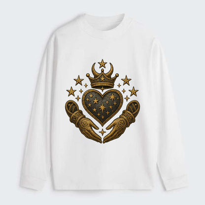 Weathered antique brass crown above a hammered gunmetal heart framed by - Classic Long Sleeve Shirt - White