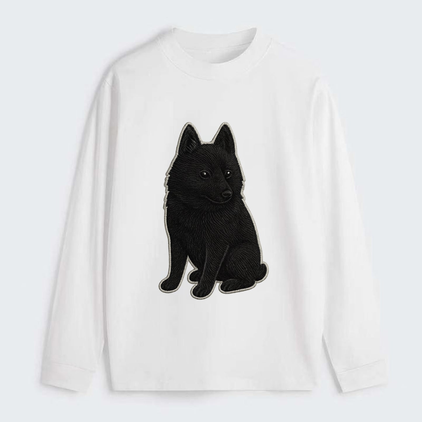 Schipperke - Solid black small embroidered sitting pose - Classic Long Sleeve Shirt - White