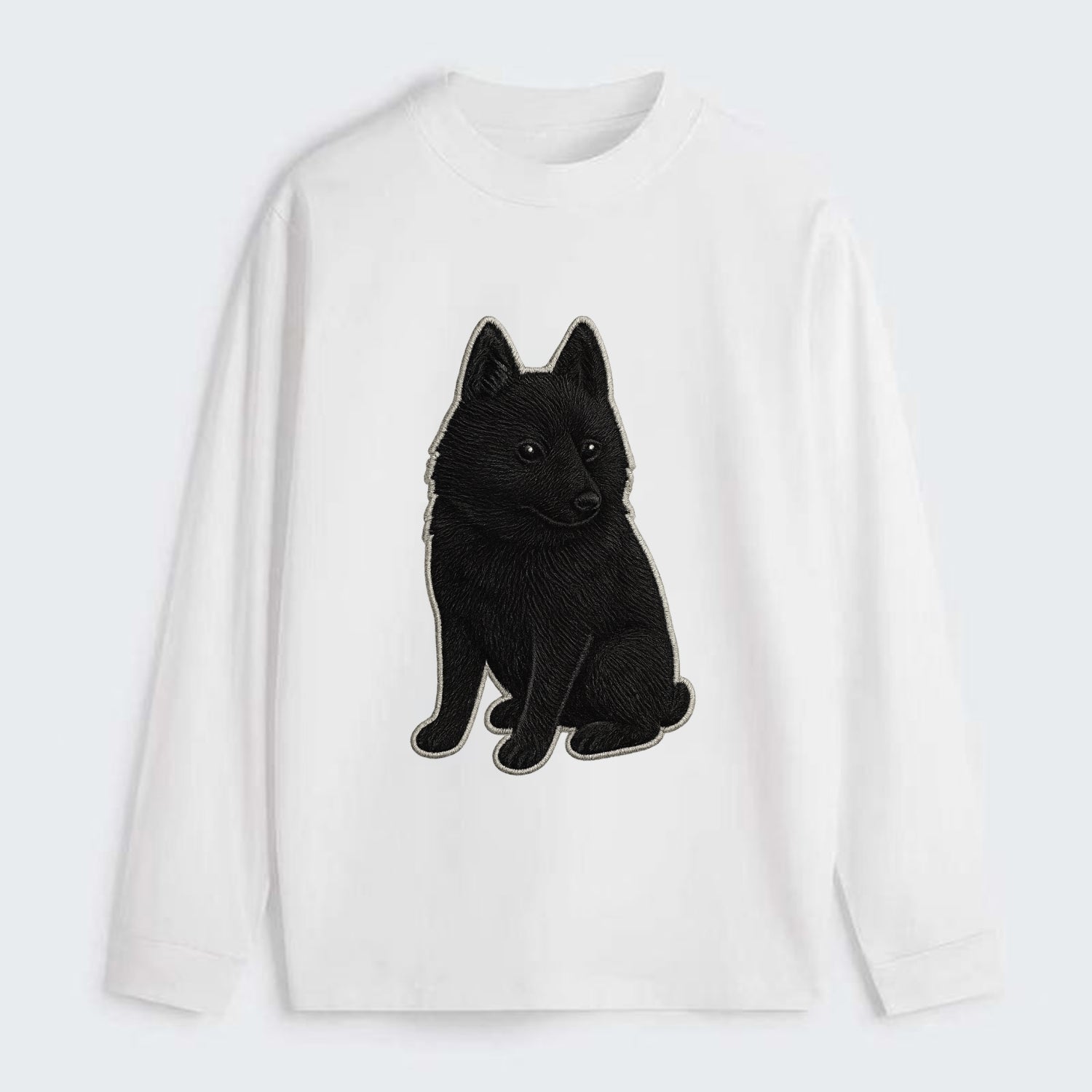 Schipperke - Solid black small embroidered sitting pose - Classic Long Sleeve Shirt - White