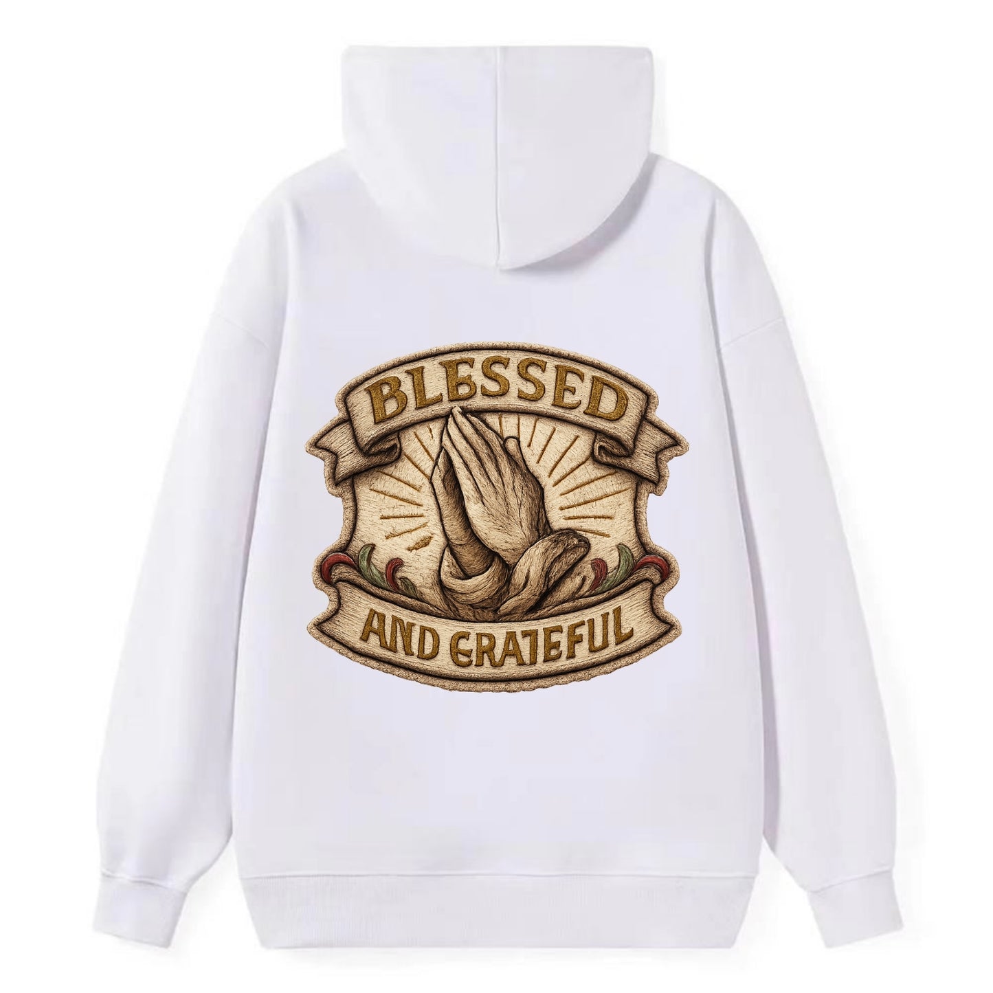 BLESSED AND GRATEFUL - praying hands with text in gold , thankful - Classic Pullover Hoodie - White