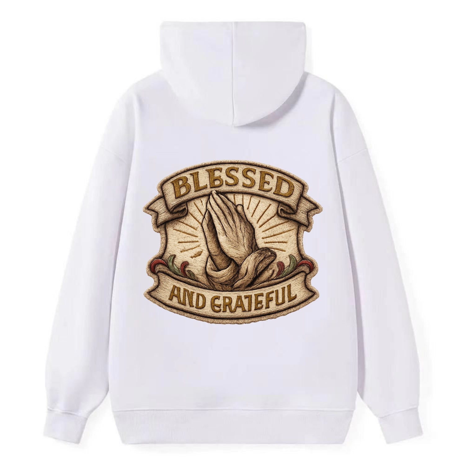 BLESSED AND GRATEFUL - praying hands with text in gold , thankful - Classic Pullover Hoodie - White