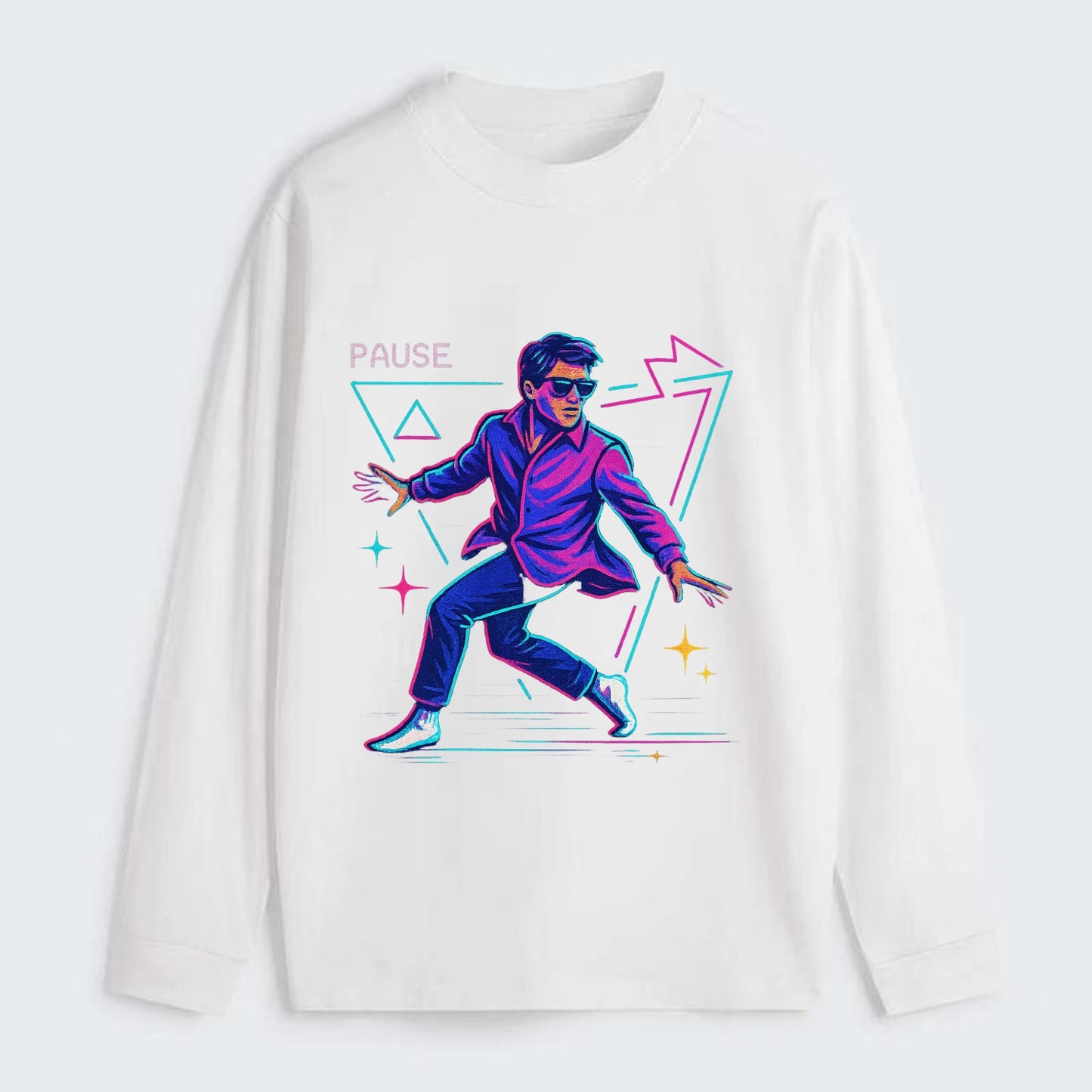 confident figure sliding across polished wooden floor in socks and - Classic Long Sleeve Shirt - White