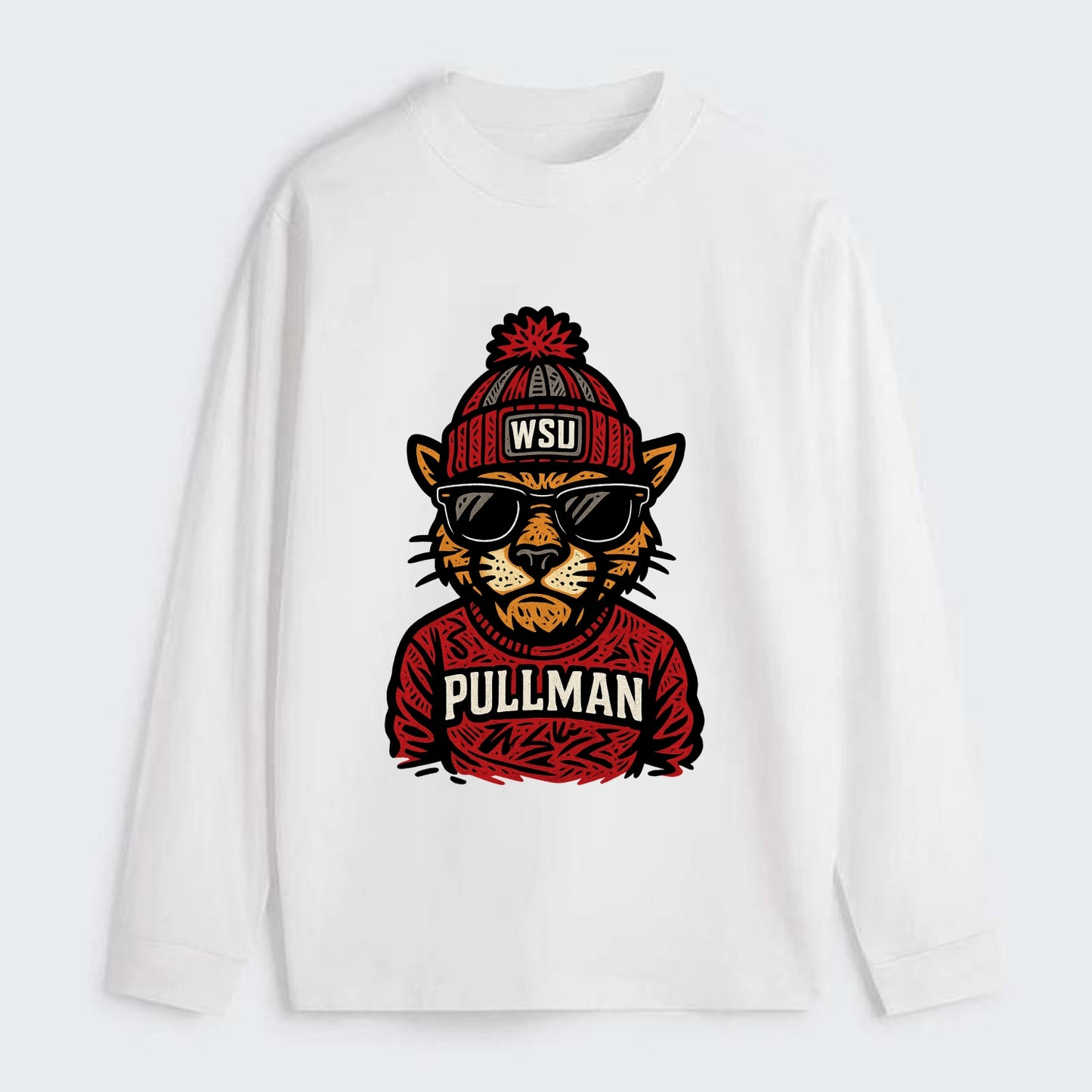 Pullman Cougar wearing Washington State beanie with WSU patch - Classic Long Sleeve Shirt - White