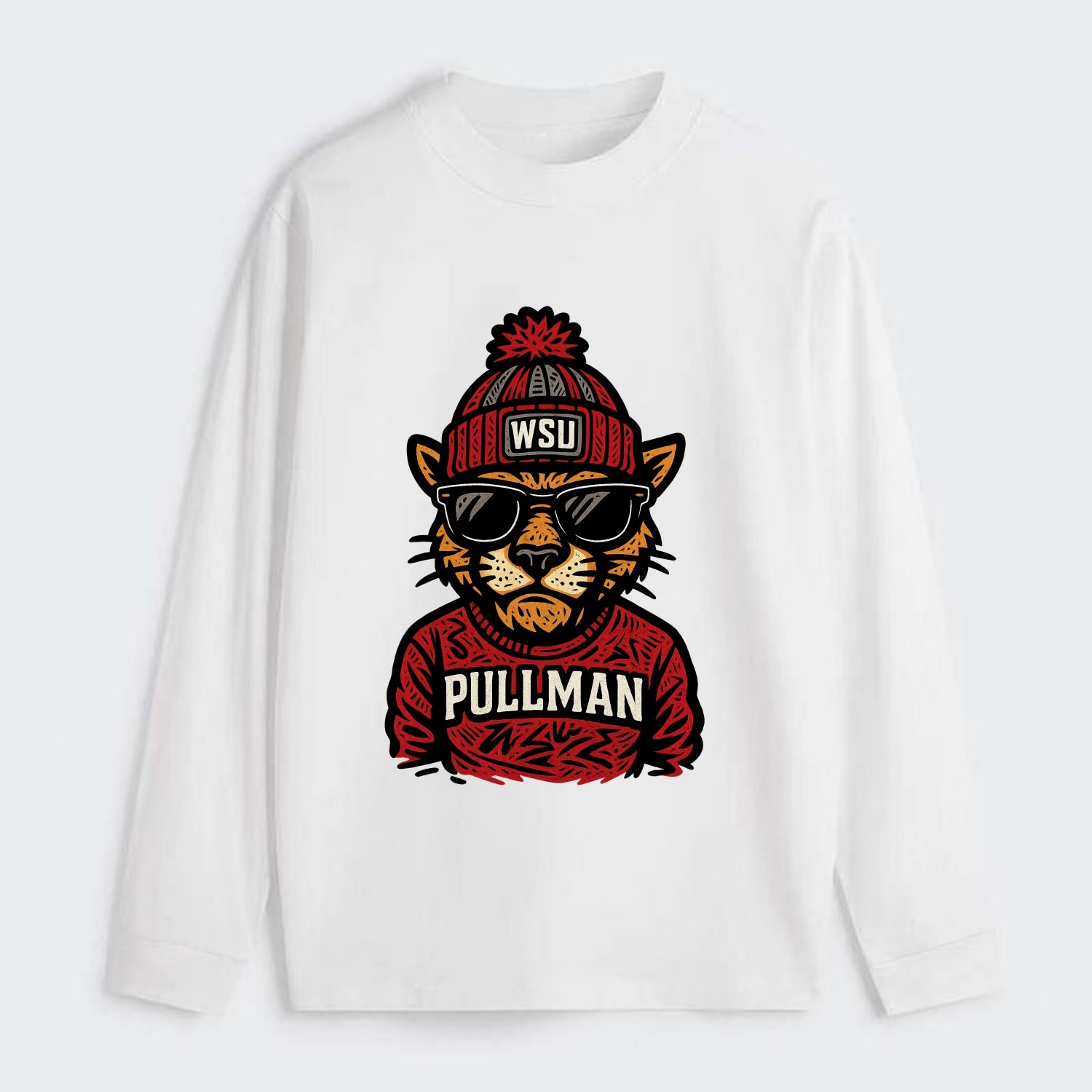 Pullman Cougar wearing Washington State beanie with WSU patch - Classic Long Sleeve Shirt - White