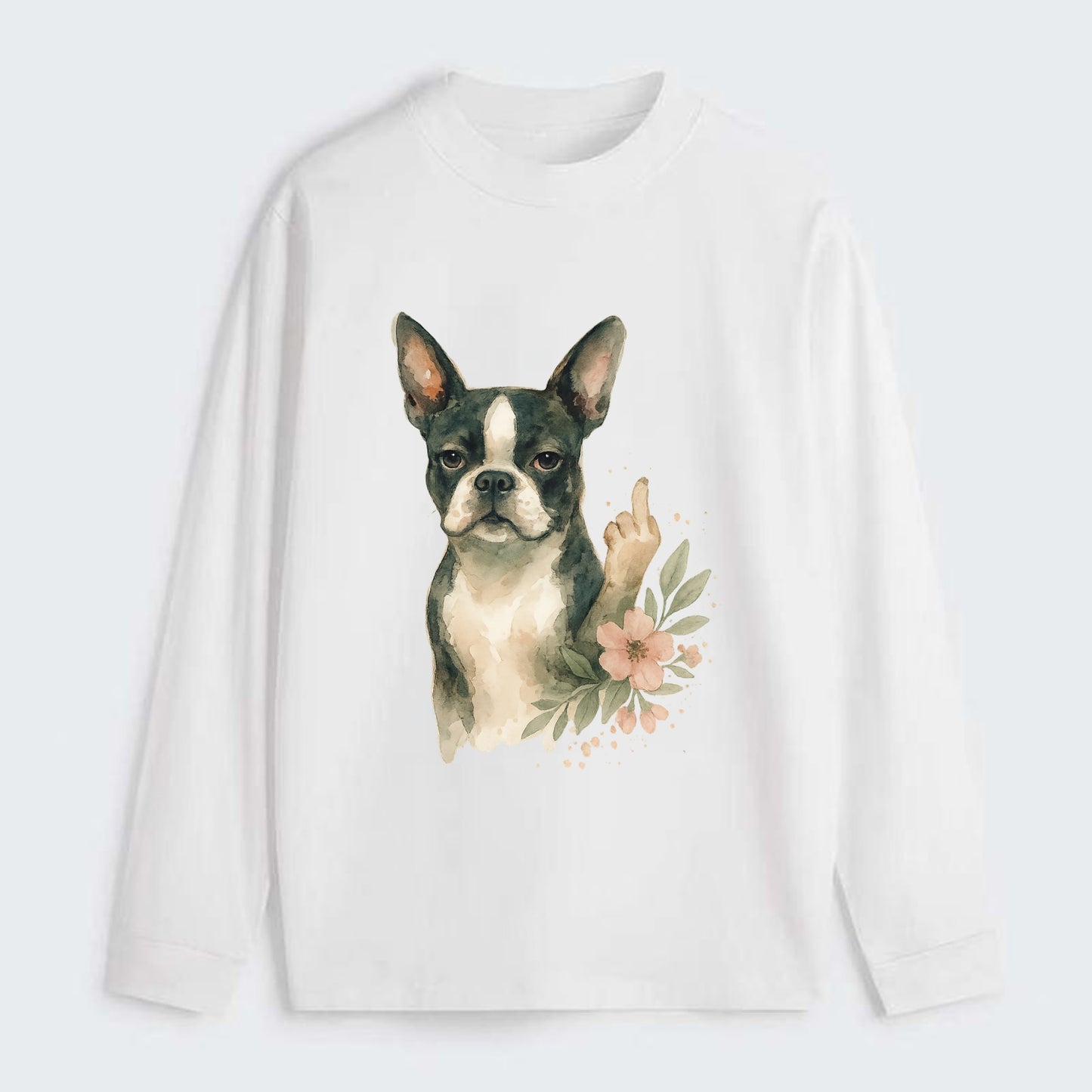 Boston Terrier with tuxedo markings, perky ears, paw up giving sass - Classic Long Sleeve Shirt - White