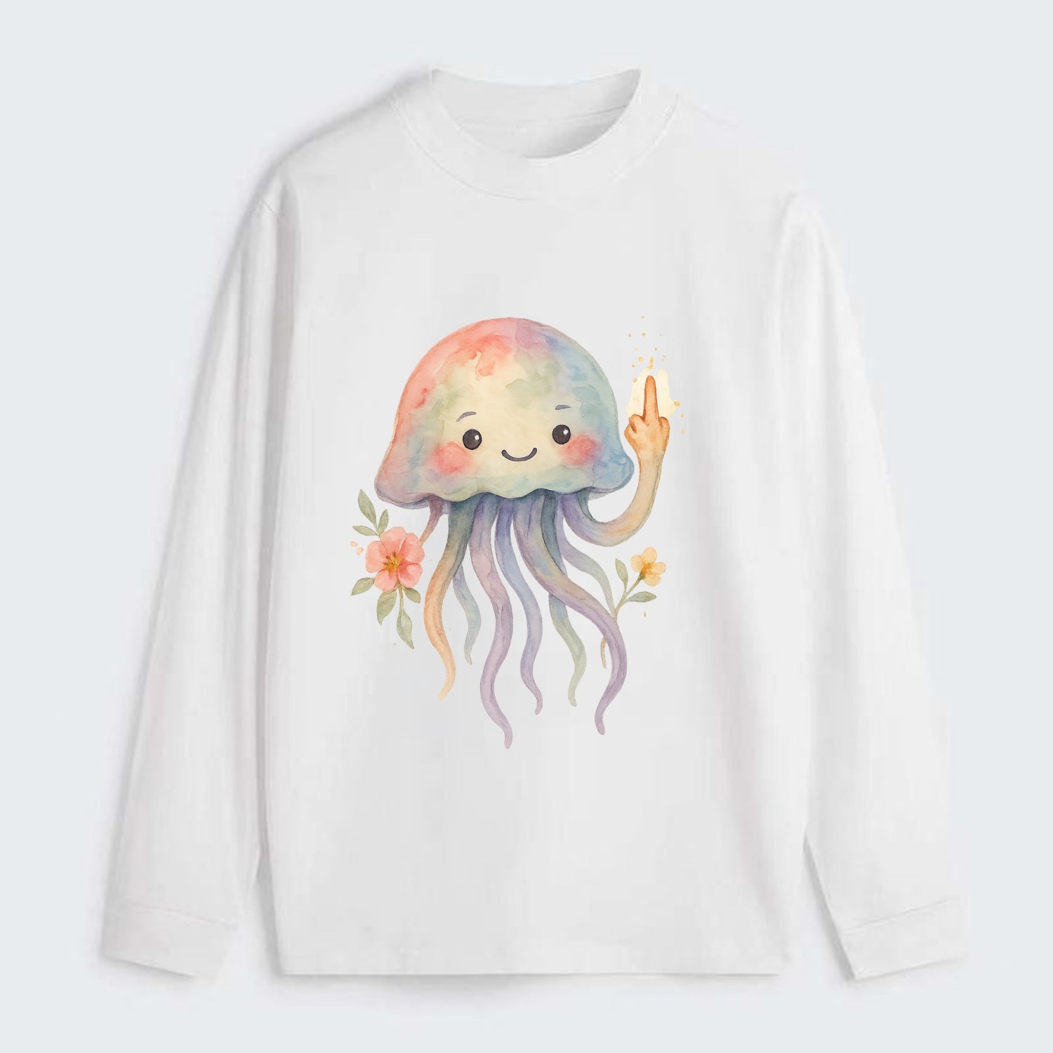 jellyfish with kawaii face and tentacles, one tentacle pointing up - Classic Long Sleeve Shirt - White