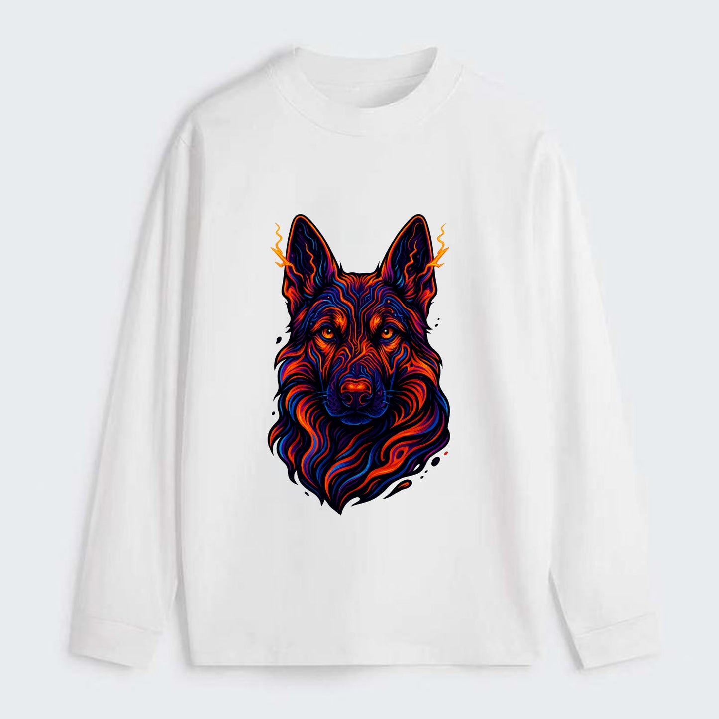 Alert German Shepherd with cyber circuit patterns in the fur, neon - Classic Long Sleeve Shirt - White